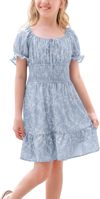 Haloumoning Girls Dresses Short Sleeve Summer Dress Kids Puffy Sleeve Floral Dress Square Neck A-Line Casual Dress Casual Party Wedding Festive Dress 