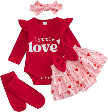 Baby Mädchen Outfit Rüschen Langarm My 1. Valentinstag Osterhase Strampler + Tutu Rock + Strümpfe mit Stirnband Babykleidung Set Neugeborene Fotoshooting Kleid für 0-18 Monate
