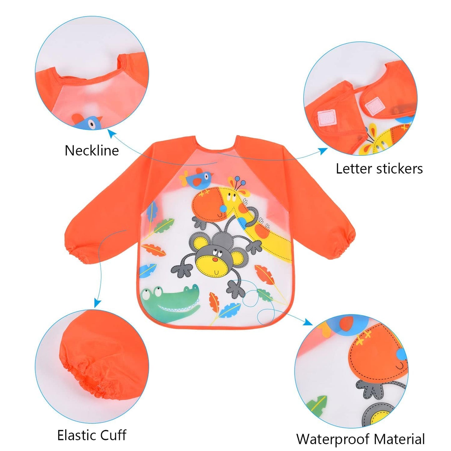 Vicloon Waterproof Baby Bibs, 5pcs Baby Bibs with Long Sleeves, Sleeved Bibs, Unisex Bib Set for Eating, Arts, Crafts, Painting, Playing (Pink, Blue, Green, Yellow) 