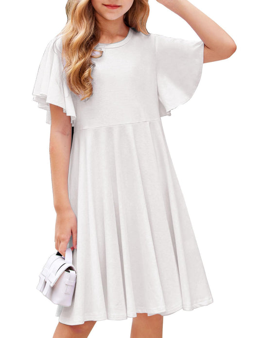 Arshiner Kleider für Mädchen Schmetterlingsärmel Kleid Kinder A-Line Swing Kleid Rundhals Sommerkleid Baumwollekleid Festlich Partykleid Hochzeit Lässige Kinderkleidung mit Tasche