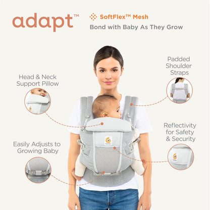Ergobaby Adapt Babytrage für Neugeborene ab Geburt, 3-Positionen SoftFlex Mesh Ergonomische Babybauchtrage Rückentrage Baby-Tragetasche, Natural Beige, 1 Einheit