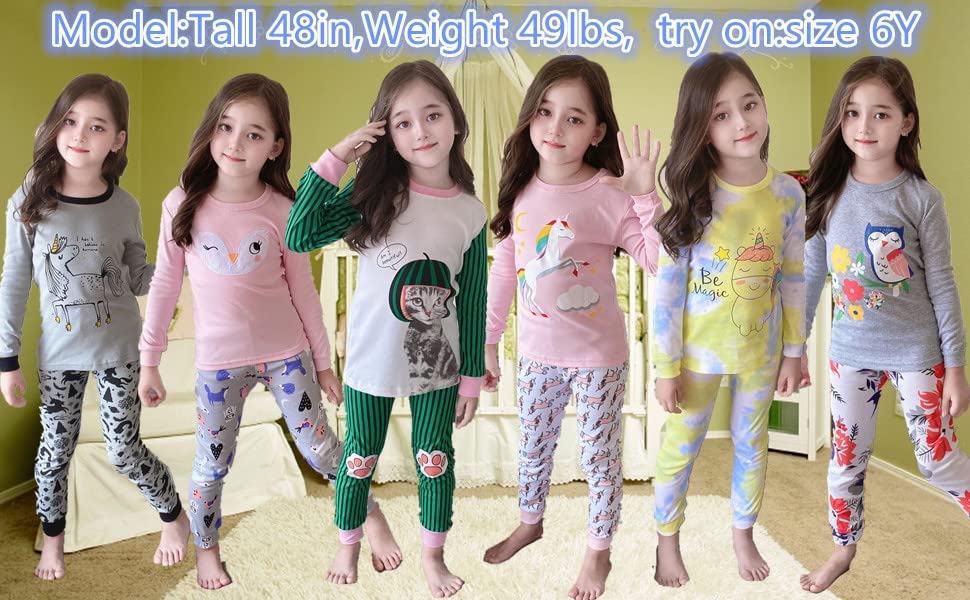 LOLPIP Mädchen Pyjamas 100% Baumwolle Schlafanzug für Kinder Schlafkleidung Langarm 4 Stück Set 1-12 Jahre