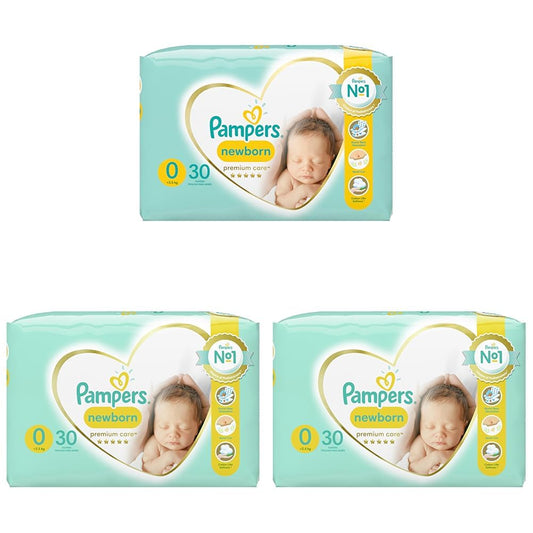 Pampers Pampers Premium Care Nappies Size 0 (<3 kg), Pack of 30, Best Comfort and Protection for Sensitive Skin (Pack of 3)