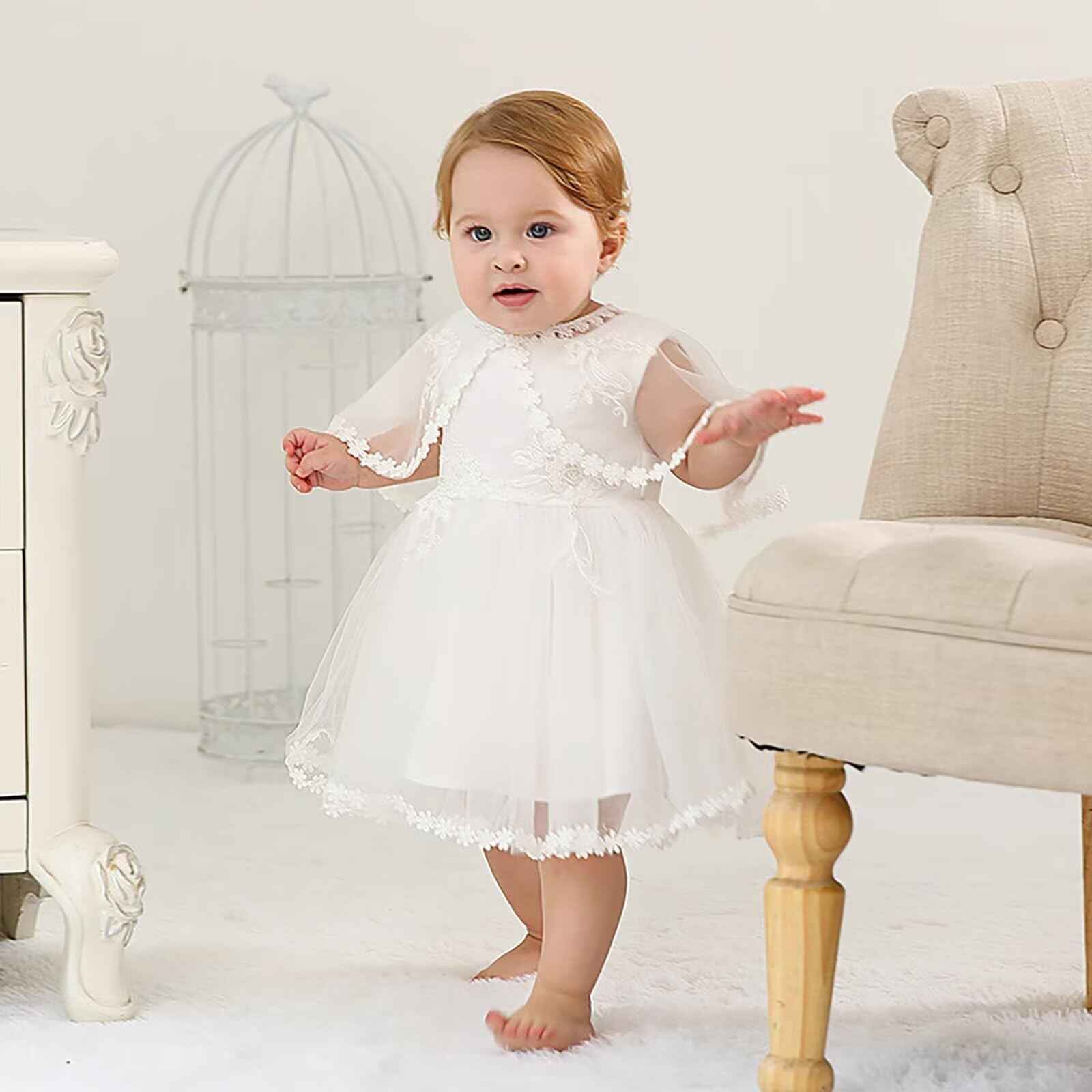 Baby Girl White Christening Dress with Hood Newborn Christening Dress Lace Dress for Wedding Birthday