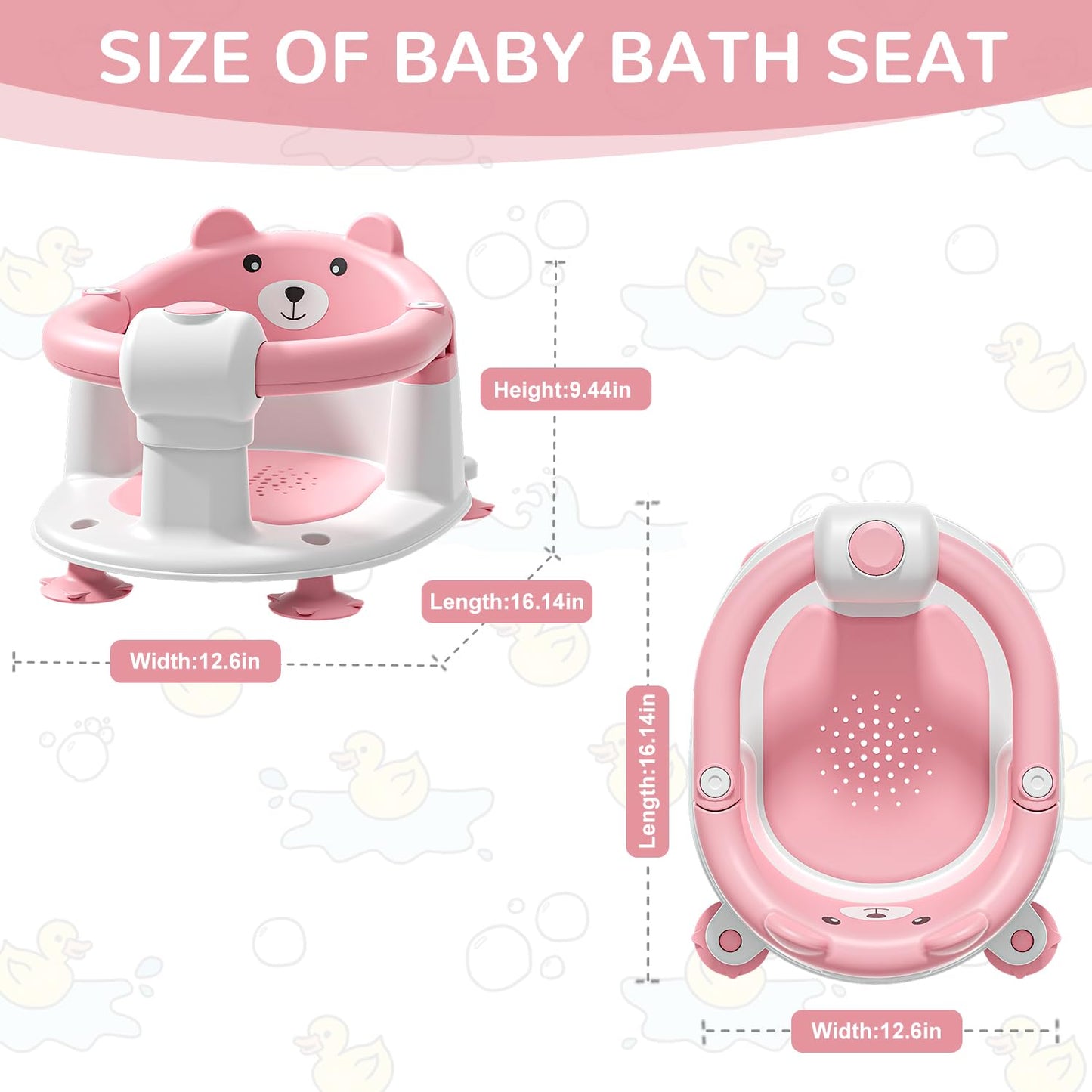 Baby Bath Seat from 6 Months, Bear Non-Slip Bath Seat Baby with 4 Suction Cups and Cushions for Toddlers and Newborns, Safe Portable Bath Chair for Shower or Bathtub, Pink