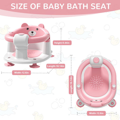 Baby Bath Seat from 6 Months, Bear Non-Slip Bath Seat Baby with 4 Suction Cups and Cushions for Toddlers and Newborns, Safe Portable Bath Chair for Shower or Bathtub, Pink