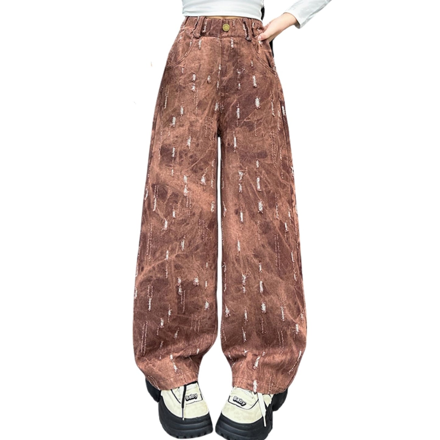 Rolanko Girls' Jeans Trousers with Hole, Denim Blue Jeans, Vintage Trousers With Wide Leg for Children