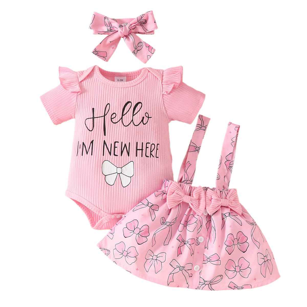 Neugeborenes Baby Mädchen Röcke Sets Kurzarm Rüschen Top + Bedrucktes Overalls Hosenträger Kleid + Stirnband Sommer Kleidung Outfits Set