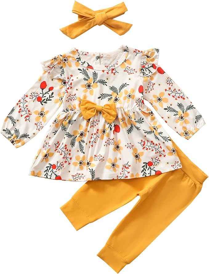 Juflam Baby Mädchen Kleidung Bow Floral Rüsche Langarm Top+ Hosen+Stirnband 3Pcs Bekleidungssets