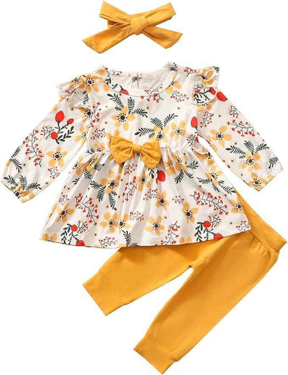 Juflam Baby Mädchen Kleidung Bow Floral Rüsche Langarm Top+ Hosen+Stirnband 3Pcs Bekleidungssets