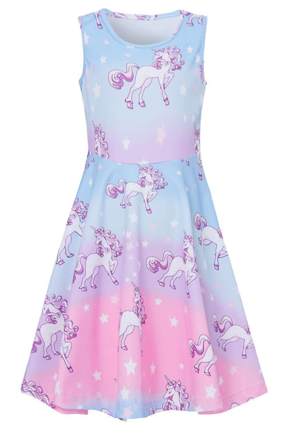 AIDEAONE Mädchenkleid Schmetterling A-Linie Ärmelloses Sommerkleid Buntes Kleid 4-12 Jahre