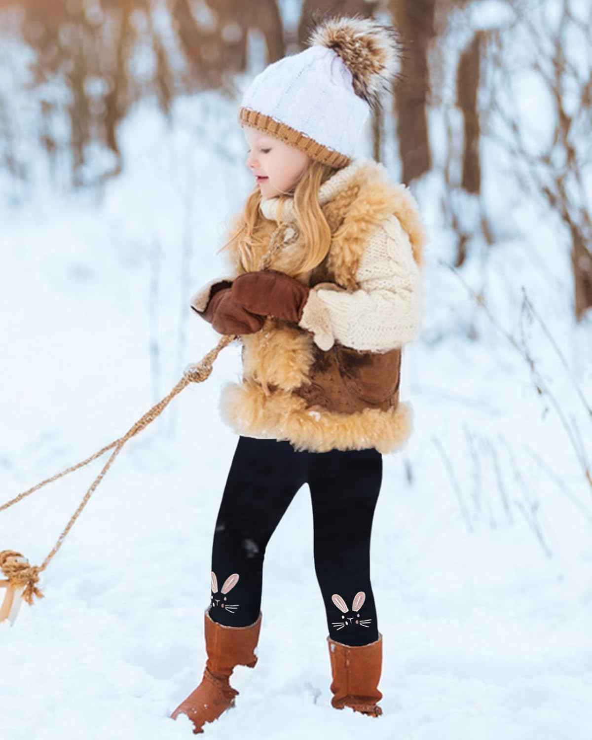 Domee Girls' Leggings Lined Thermal Trousers Warm Winter Cotton Embroidered Rabbit