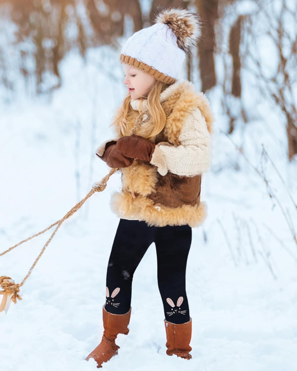 Domee Girls' Leggings Lined Thermal Trousers Warm Winter Cotton Embroidered Rabbit