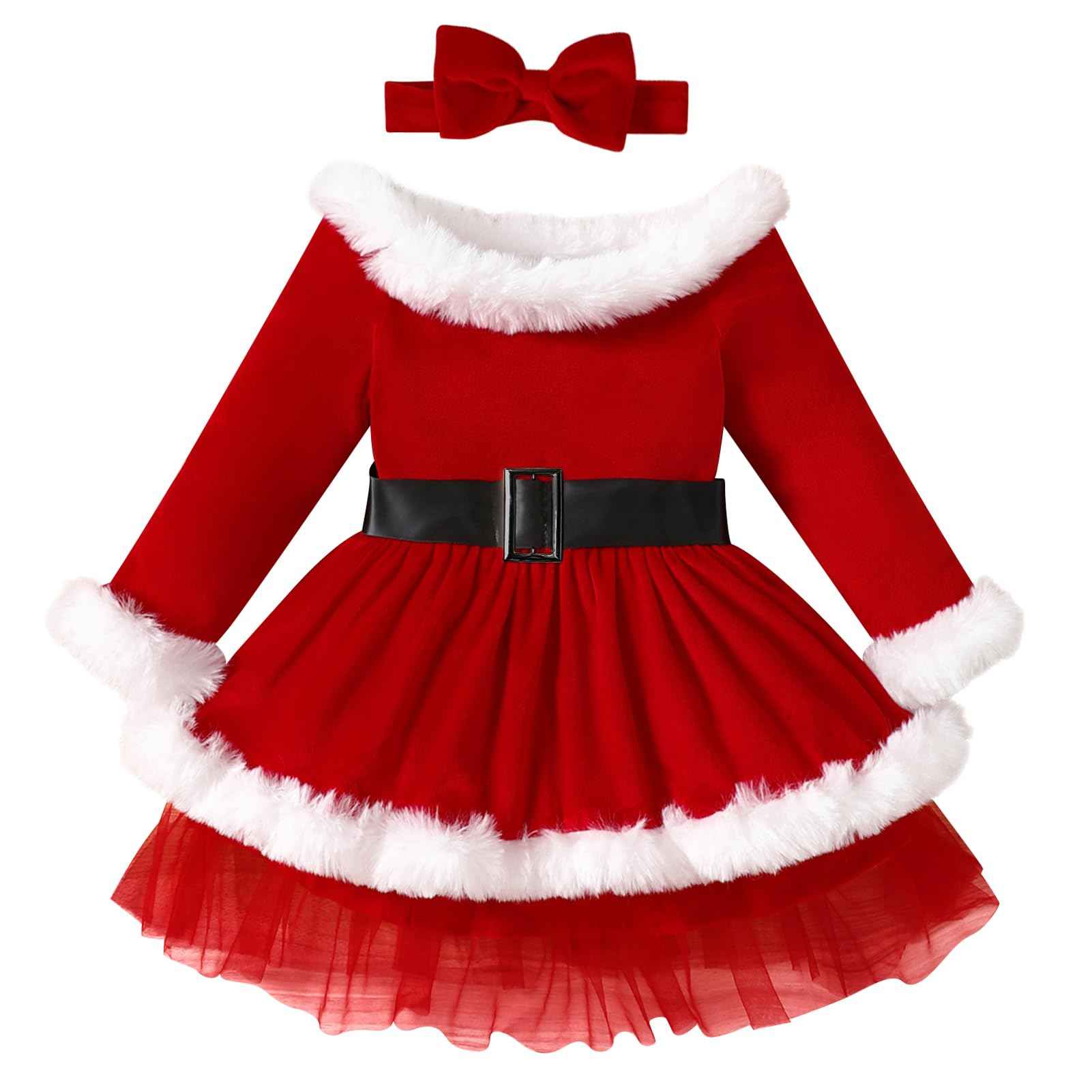 Odizli Christmas Dress Girls Children Baby Autumn Winter Long Sleeve Santa Velvet Dress + Headband Christmas Outfit