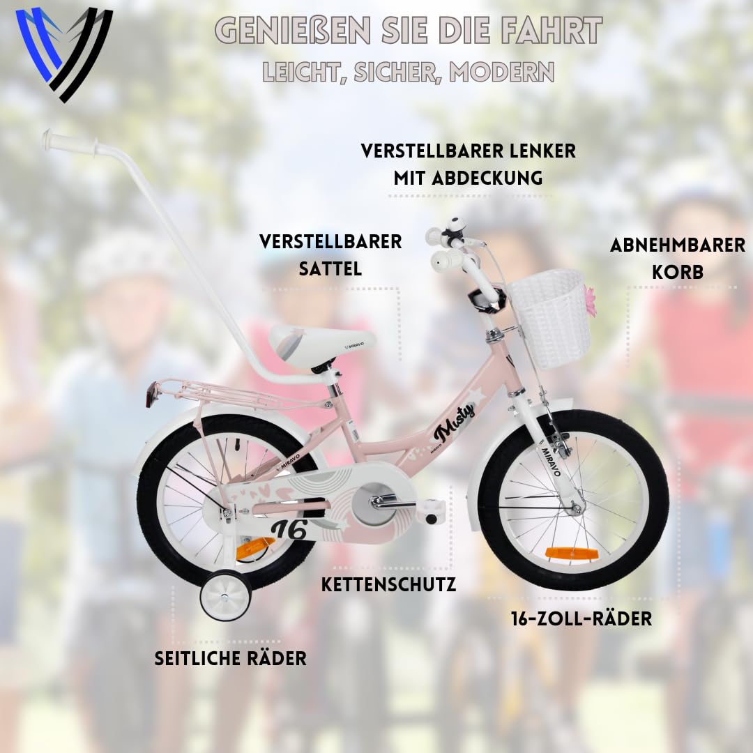MIRAVO Kinderfahrrad Fahrrad Kinder Ab 2 Bis 8 Jahre Mit Stützrädern Schubstange V-Brake Bremsen Rückstrahl Aufkleber 12 16 20 Zoll Radgröße Korb Für Mädchen Misty - Meloni2
