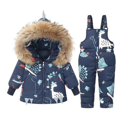 Printed Snowsuits for Baby Girls, 2-Piece Clothing Set, Winter Unisex Children's Down Jacket with Removable Fur Hood with Snow Dungarees, Boys and Girls, Ski Suit Clothing