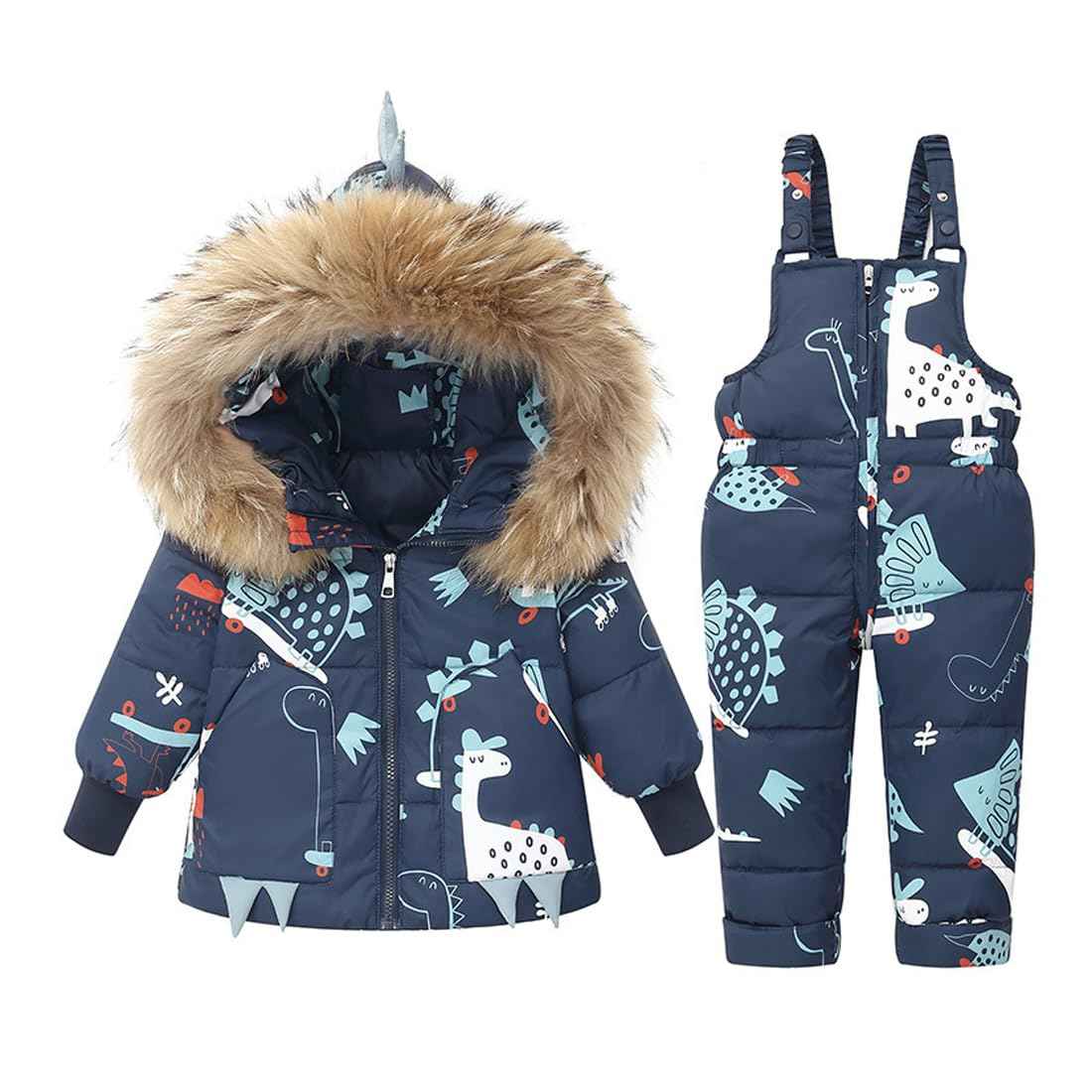 Printed Snowsuits for Baby Girls, 2-Piece Clothing Set, Winter Unisex Children's Down Jacket with Removable Fur Hood with Snow Dungarees, Boys and Girls, Ski Suit Clothing