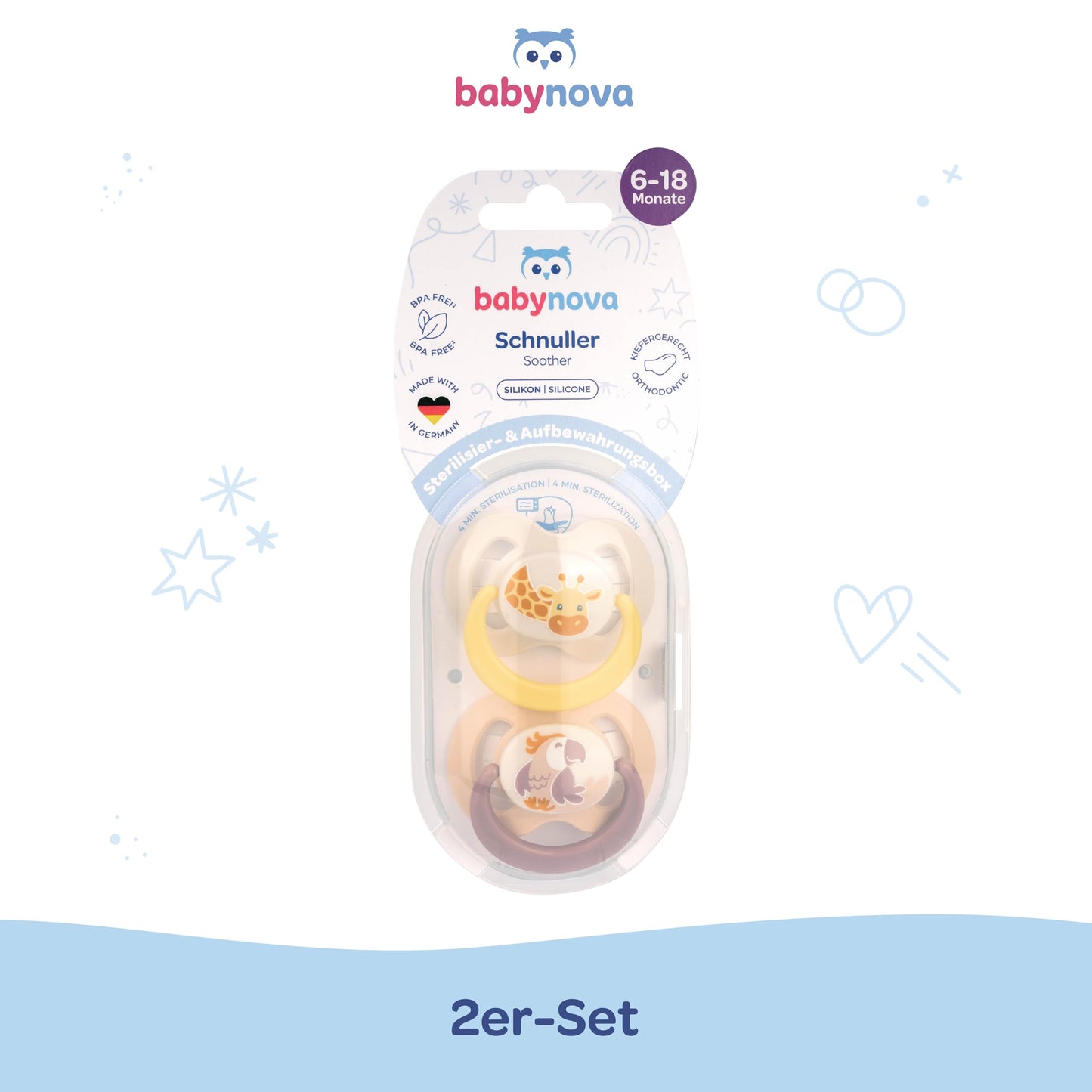babynova Silikon Schnuller 2er-Set mit Sterilisationsbox - Schnuller Größe 1, 0-6 Monate - kiefergerechter Nuckel – BPA-frei – Made in Germany - Elefanten