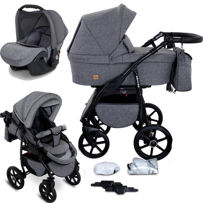 GaGaDumi Boston Kinderwagen 3 in 1 Komplettset mit Autositz - Kombikinderwagen mit großen Rädern - TÜV-zertifiziert - Baby Stroller Set - für Neugeborene und Kleinkinder Schwarz