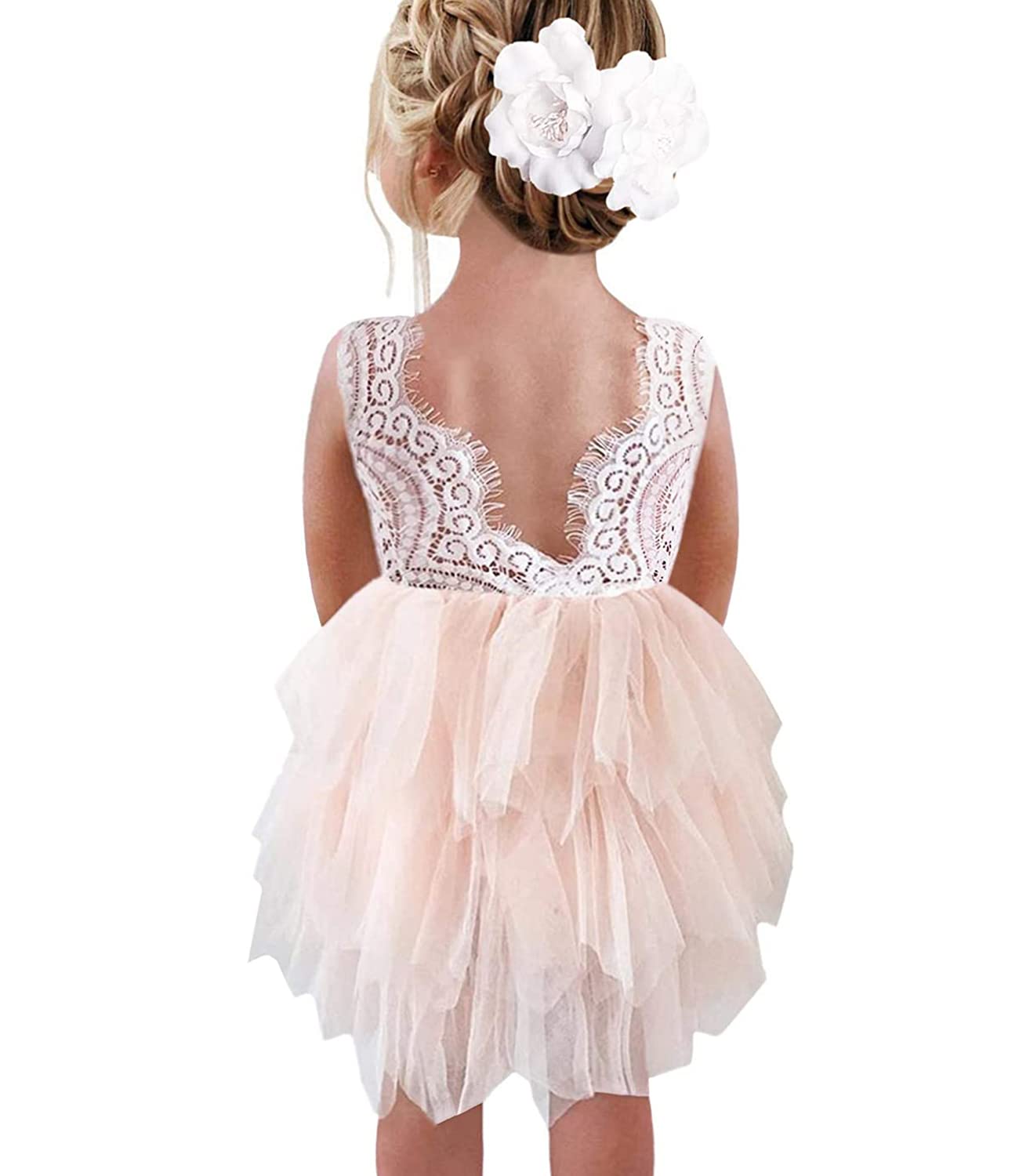 Beganly Mädchen Festtagskleider Spitze V-Rücken Kleid ärmellos Flauschig Tüll Prinzessin Partykleid Blumenmädchen Kleider