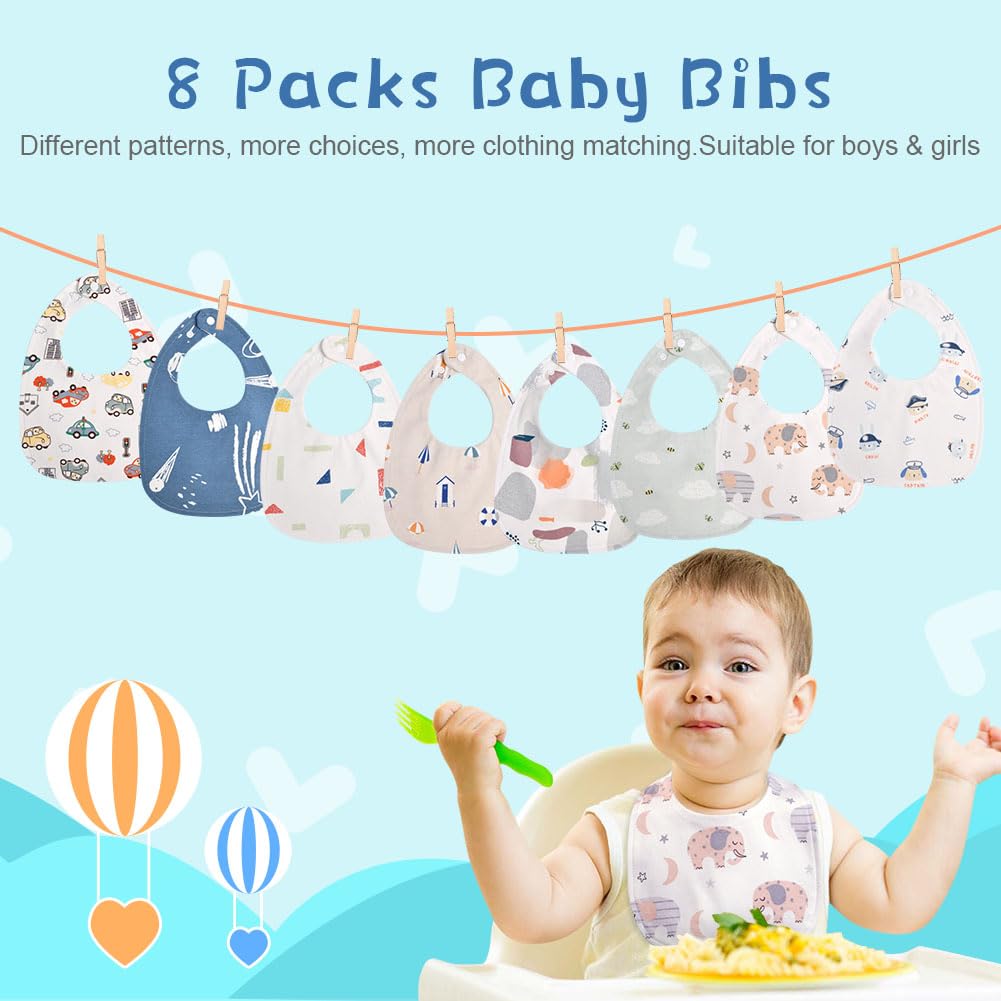 Vicloon Baby Bibs, 8 Pack Soft Absorbent and Waterproof Bibs Dribble Bibs Burp Cloths Baby with Snap Fastener for Baby Boys and Girls Toddlers 