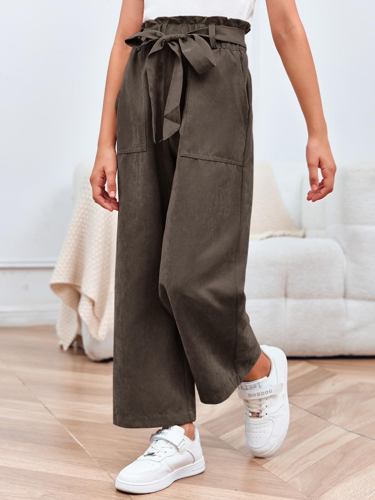 Haloumoning Mädchen Weite Hose Palazzo Hohe Taille Mode Bootcut Elastische Paperbag Freizeithose mit Gürtel