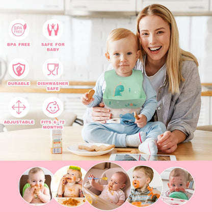 Vicloon Silikon Baby Lätzchen, 2 Stück Baby Lätzchen mit Auffangschale, BPA Frei, Einfache Reinigung, Wasserdicht Silikon-lätzchen für Jungen Mädchen, Kaninchen-Einhorn（Rosa）