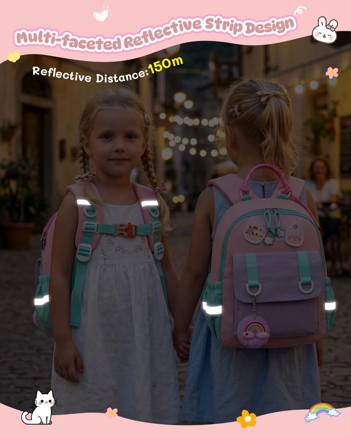 PROTAURI Kindergartenrucksack Mädchen 3-7 Jahre 11.6L Katze Hase, Rosa | mit Brustgurt reflektierend wasserabweisend leicht atmungsaktiv ergonomisch DIN A4 3D Patches 3D Tier Design