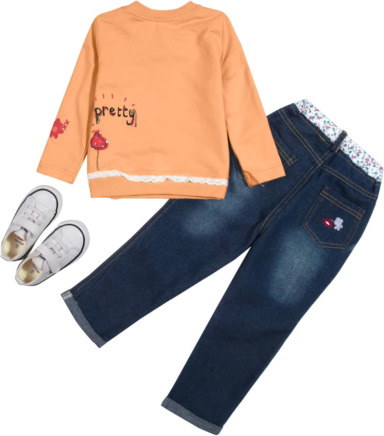 MAXIMGR Baby-Kleidung für Mädchen, Kleinkind, Mädchen, Herbst-Outfit, niedlich, langärmelig, Cartoon-Pullover, Denim-Hose, Sets für Herbst und Winter