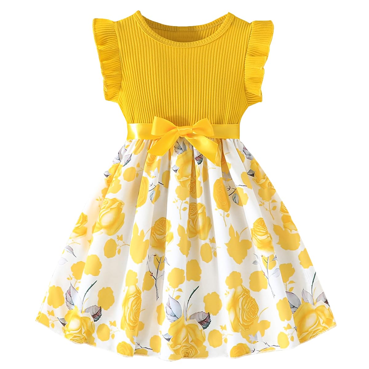 Codkkre Girls Dress Flowers Bowknot Kids Dresses Ruffle Sleeves A-Line Girls Dress Summer Easter Girls Dress Round Neck 104 110 116 122 128 