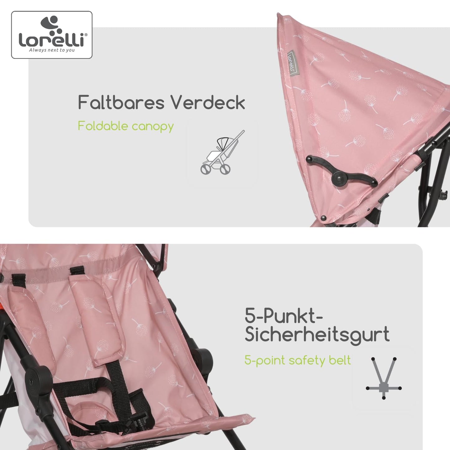 Lorelli Ultra Leichter Buggy Kinderwagen Vaya - nur 4,7kg - Kompakter Sportsitz bis 15kg, Sitzbuggy mit 5-Punkt-Gurt, faltbarem Verdeck und ergonomischen Griffen, klappbarer Reisekinderwagen, rosa - Meloni2