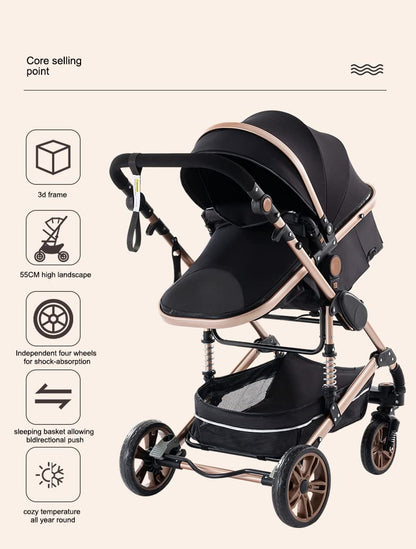 YAZOCO Pram 3-in-1 Foldable Pram Complete Set Cup Holder, Mosquito Net, Foot Cover for Baby First Equipment Newborn (4 Grey)
