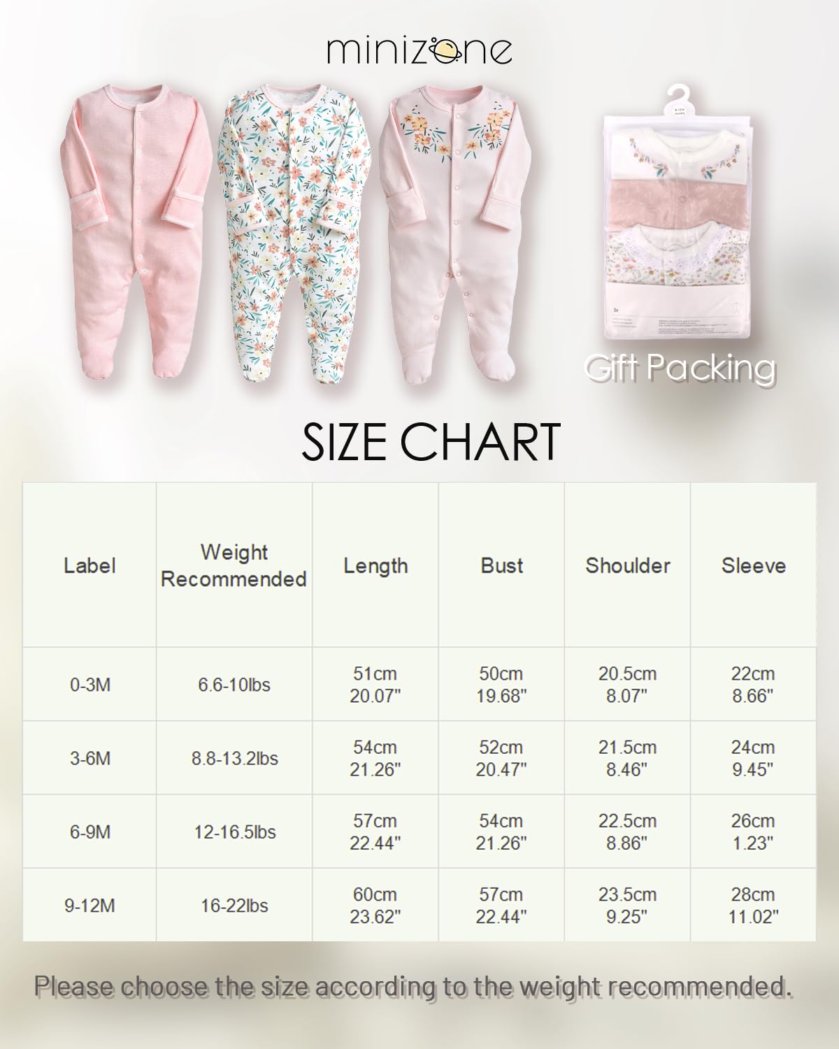 Minizone Baby Schlafstrampler 3er Pack, Pyjamas Langarm Strampler Jungen Mädchen Geschenk 9-12 Monate