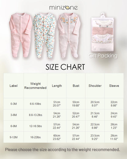 Minizone Baby Schlafstrampler 3er Pack, Pyjamas Langarm Strampler Jungen Mädchen Geschenk 9-12 Monate
