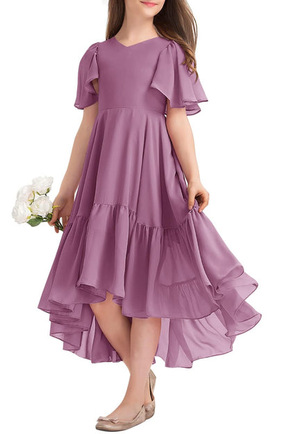 Haloumoning Mädchen Sommerkleid V-Ausschnitt Rüschenkleider Casual A Line Kleid Flowy Hoch Niedrig Lang Partykleid Elegant Langes Abendkleid