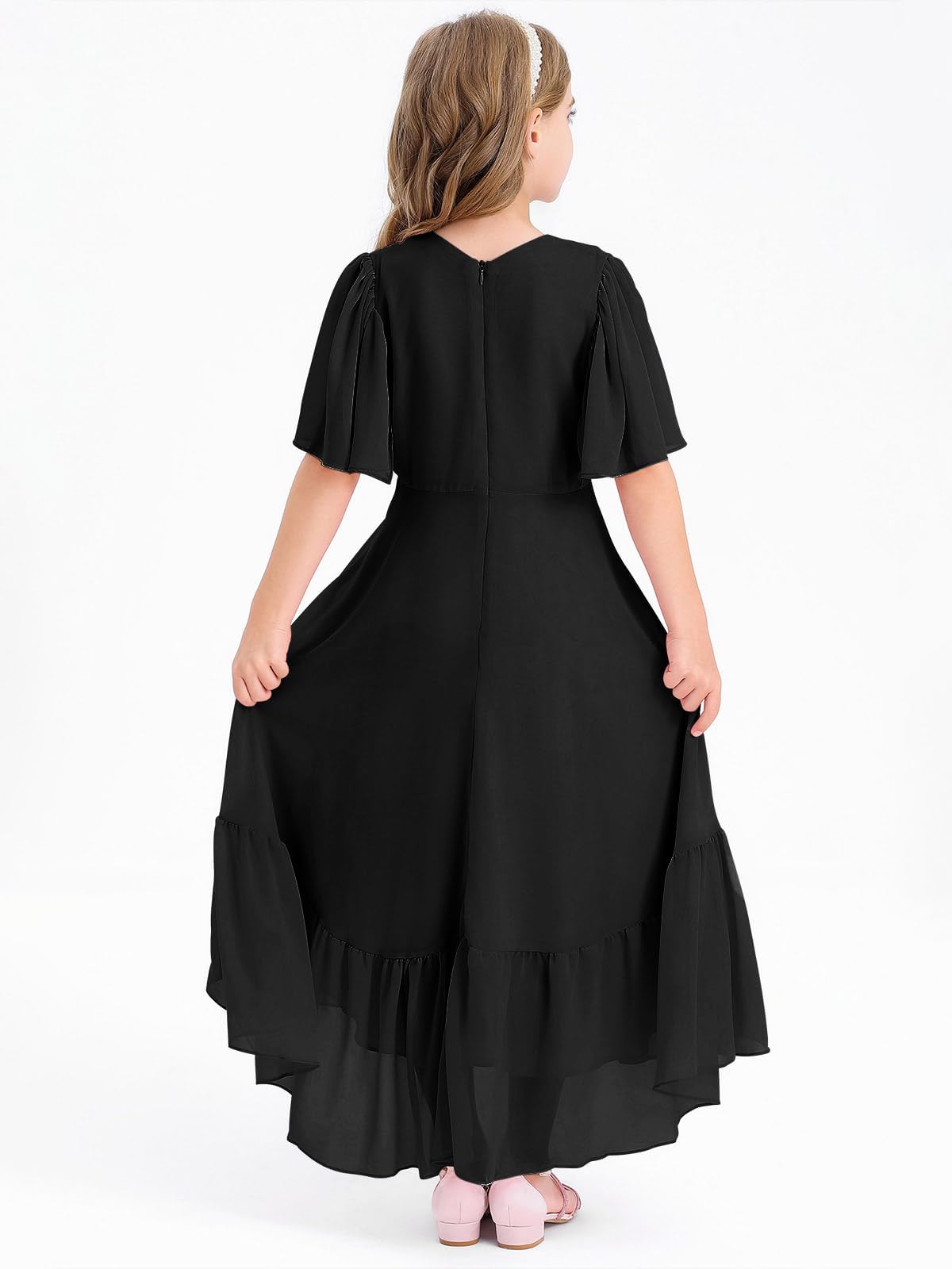 Haloumoning Mädchen Sommerkleid V-Ausschnitt Rüschenkleider Casual A Line Kleid Flowy Hoch Niedrig Lang Partykleid Elegant Langes Abendkleid