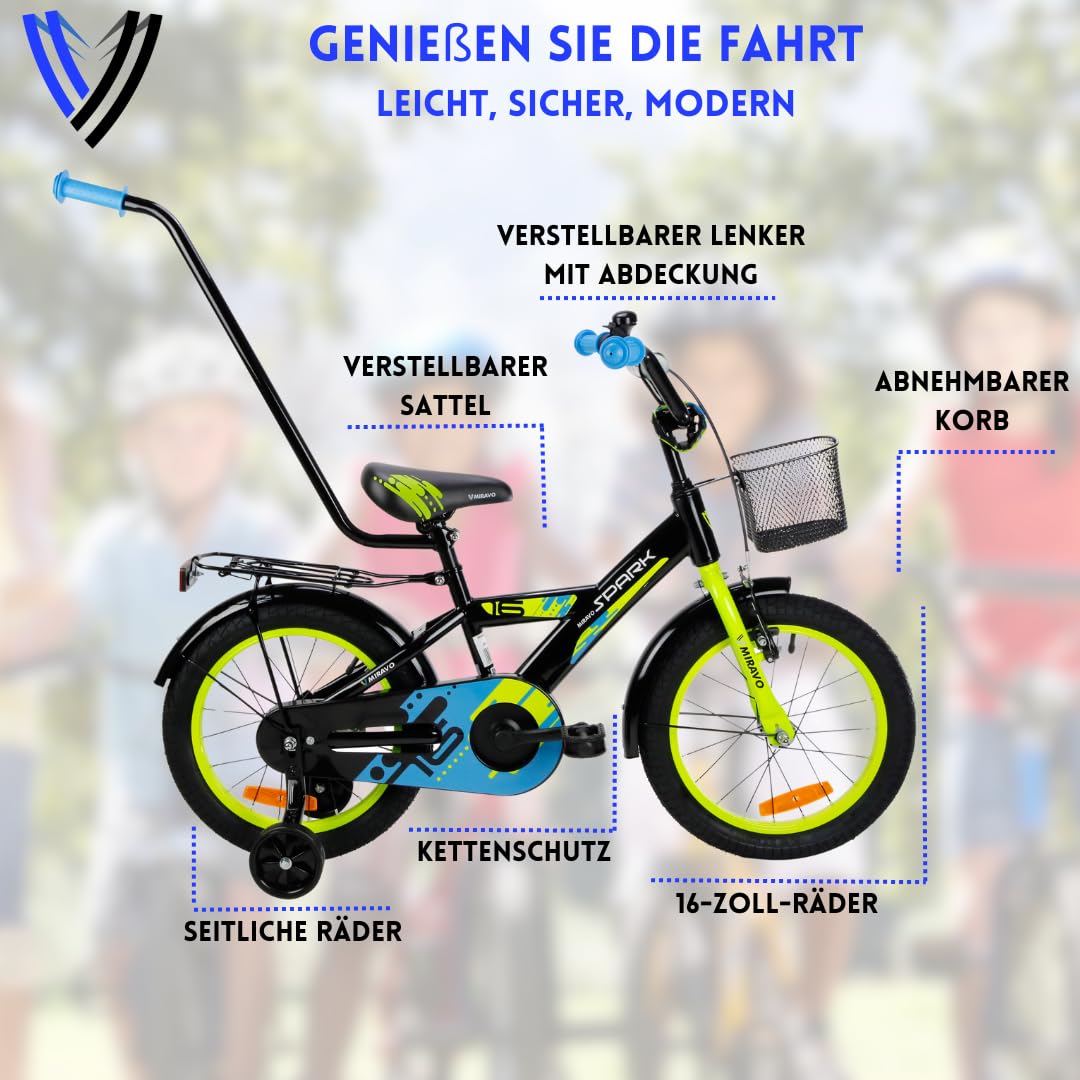 MIRAVO Kinderfahrrad Fahrrad Kinder Ab 2 Bis 8 Jahre Mit Stützrädern Schubstange V-Brake Bremsen Rückstrahl Aufkleber 12 16 20 Zoll Radgröße Korb Für Junge Spark - Meloni2