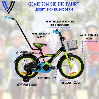 MIRAVO Kinderfahrrad Fahrrad Kinder Ab 2 Bis 8 Jahre Mit Stützrädern Schubstange V-Brake Bremsen Rückstrahl Aufkleber 12 16 20 Zoll Radgröße Korb Für Junge Spark - Meloni2