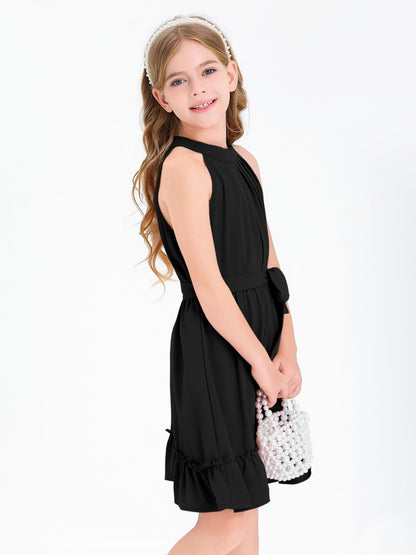 Halomoning Girls Dress Sleeveless Simple Classic Casual Knee Length for Kids Summer Princess Party Wedding Tie Waist A-Line 