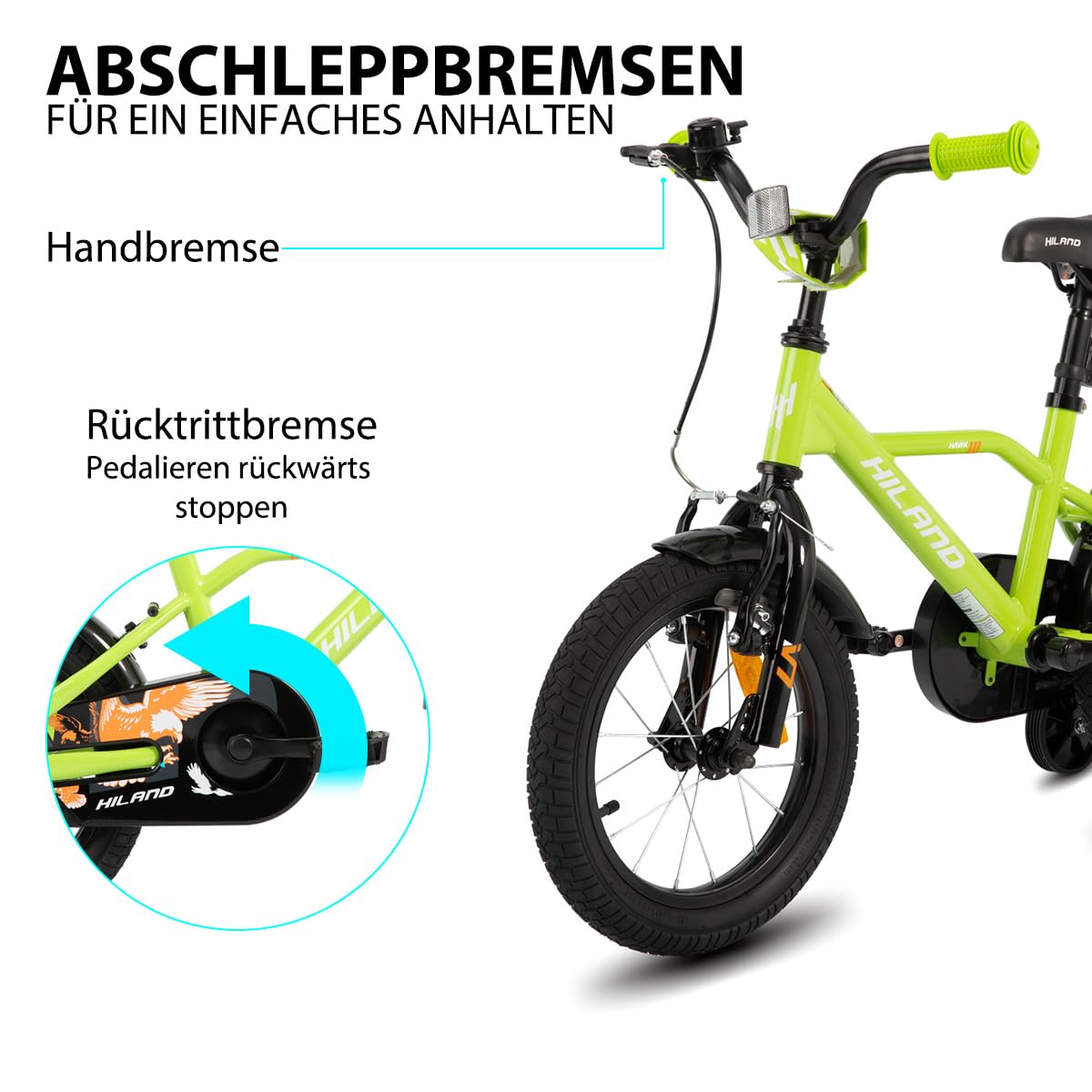Hiland 12/14/16/20 Zoll Kinderfahrrad, Jungen Fahrrad für 3-10 Jahre, mit Stützrädern, Kinderfahrrad mit Handbremse und Rücktrittbremse, Schwarz/Grün/Blau/Orange