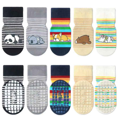 Pack of 5 Baby Toddler ABS Non-Slip Socks, Trainer Socks, Animal Motifs, Cotton