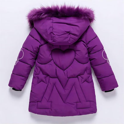 linboo Girls' Winter Jacket with Removable Fur Hood Warm Long Coat Children's Parka Outdoor Jacket with Letters and Cute Patterns