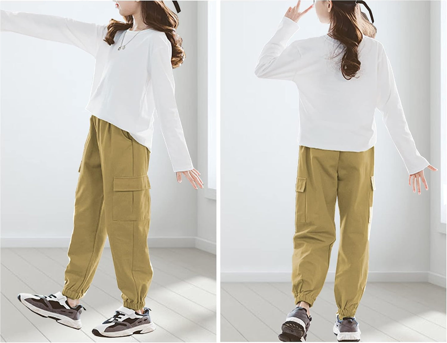 SEAUR Cargo Pants Girls Casual Pants Hip Hop Pants with Elastic Waist Sports Pants Jogging Pants with Pockets Drawstring Training Pants Sport Leisure Streetwear - 100-160cm 