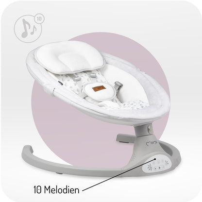 MoMi KENANI baby bouncer for children up to 9 kg, foldable, with remote control &amp; Bluetooth for connecting to a smartphone, battery or power connection, with 5-point safety belt, sun protection, insect net 