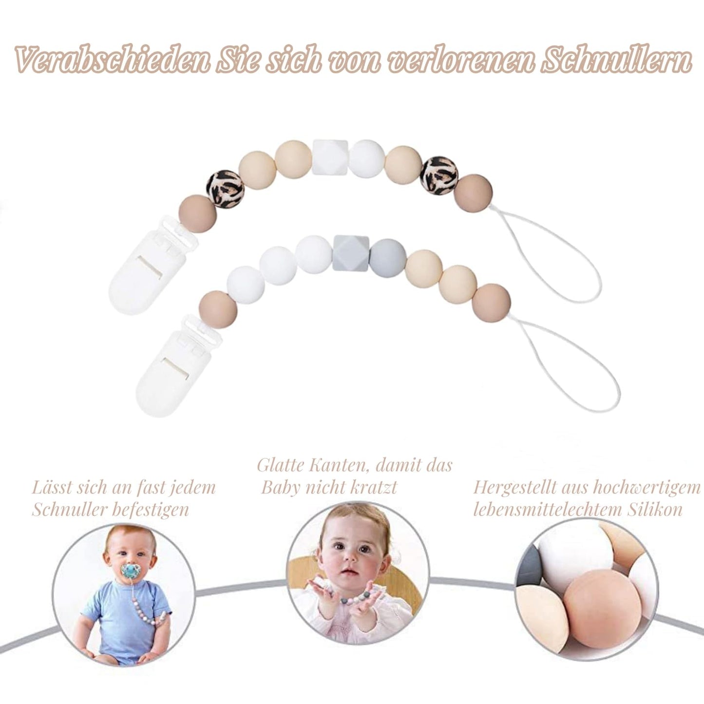 Schnullerkette aus Silikon,Schnullerband für Babys MäDchen und Junge,BPA-frei Sicherheitsgurte für Spielzeug,Einteiliger Schnullerhalter und Beißringspielzeug,2er-Pack (Leopard + Khaki)
