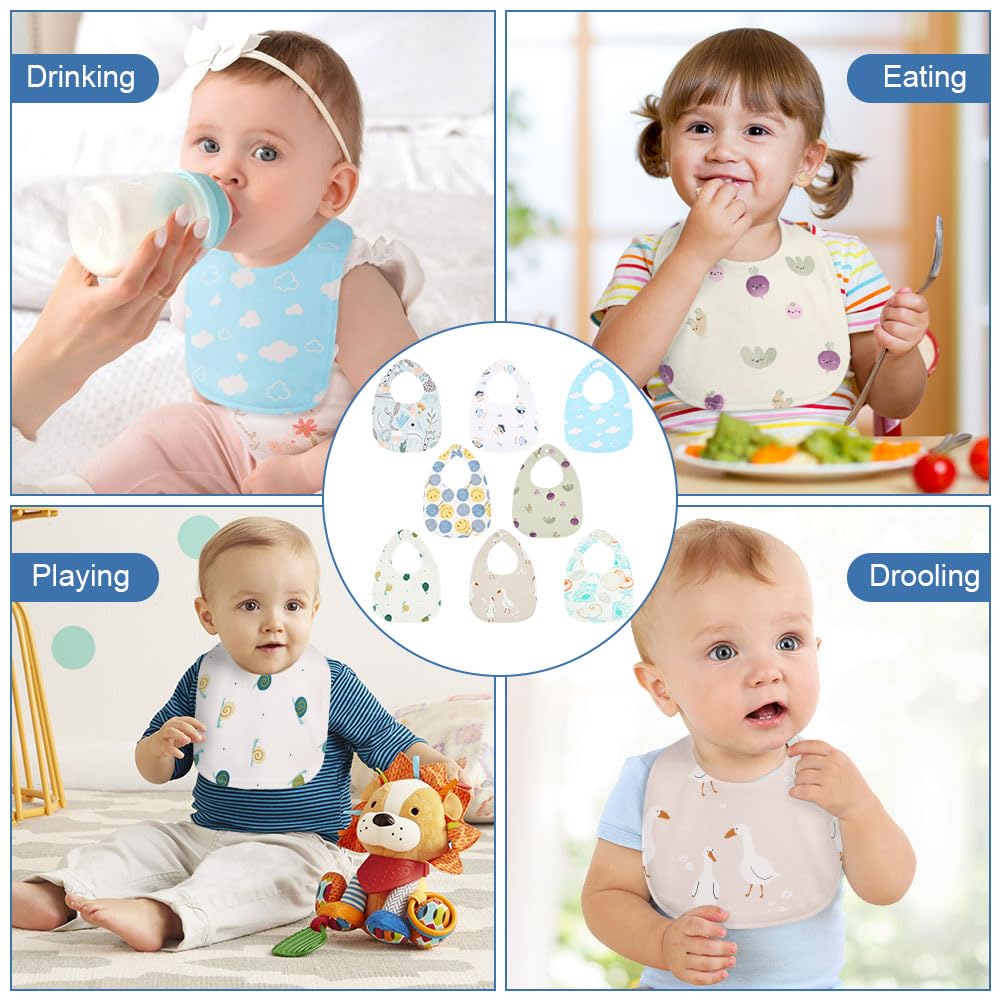 Vicloon Baby Bibs, 8 Pack Soft Absorbent and Waterproof Bibs Dribble Bibs Burp Cloths Baby with Snap Fastener for Baby Boys and Girls Toddlers 