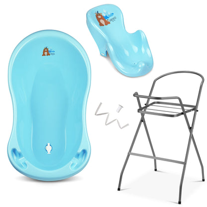 Baby Badewanne mit Gestell 4 Set TÜV Rheinland zertifiziert! Babybadewannen + Baby Badewannensitz +Abfluss + Gestell - Babywanne mit Ständer! Baby Pflegeset für Neugeborene.