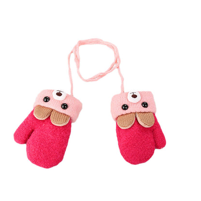 Kids Winter Gloves Mittens Baby Cartoon Mitten Neck Gloves Thick Double Knitted Glove with Plush,0 - 3 years old, Playing, Running, Skiing