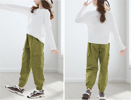 SEAUR Cargo Pants Girls Casual Pants Hip Hop Pants with Elastic Waist Sports Pants Jogging Pants with Pockets Drawstring Training Pants Sport Leisure Streetwear - 100-160cm 