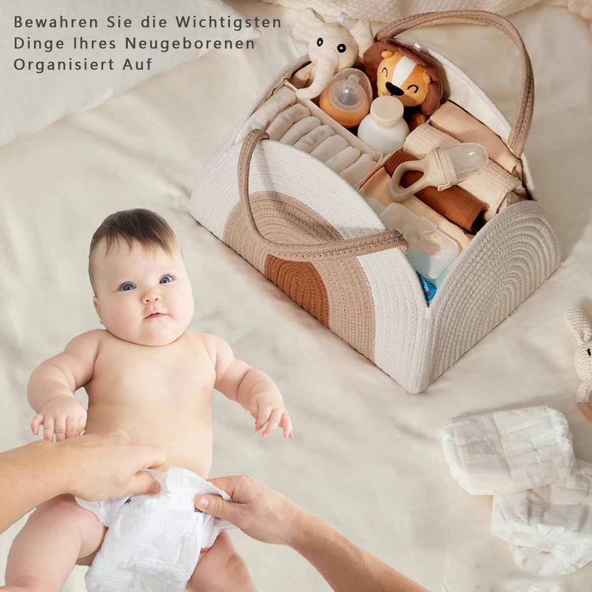 Changing Bag Organiser, Baby Nappy Caddy Basket, Portable Storage Basket for Changing Table, Changing Basket Organiser with Compartments & Handles, Cotton Rope Basket for Baby Shower Gifts (White